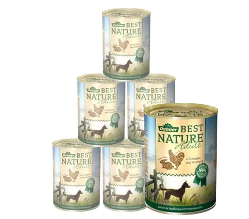 Dehner Best Nature Hundefutter, Nassfutter getreidefrei, für ausgewachsene Hunde, Huhn / Kaninchen / Nudeln, 6 x 400 g Dose (2.4 kg)