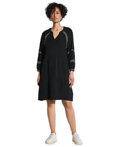 Street One Damen Tunika-Kleid mit Stickerei - Elegantes Midi-Kleid aus reiner Baumwolle mit dekorativen Stickereien, Volants und geschlitztem Ausschnitt. Ideal für vielseitige Anlässe und bequem im Alltag.