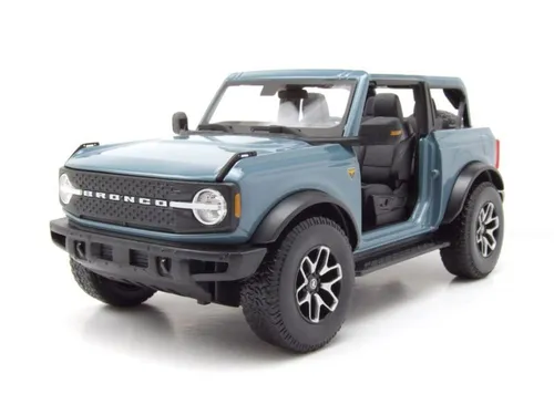 Ford Bronco Badlands 2021 Modellauto 1:18 in Blau-Grau - Detailgetreues 1:18 Modellauto des Ford Bronco Badlands 2021, mit funktionierenden Hauben und Türen, ideal für Sammler und Fans von Geländewagen.