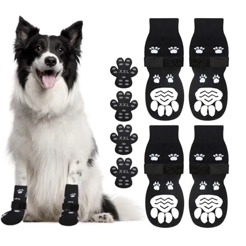 GlasFlength 4 Stück Indoor Anti-Rutsch Socken für Hunde und Katzen, Hundesocken Pfotenschutz Verstellbaren Hundesocken Anti Rutsch mit 4 Stücke Hund Pfotenschutz Selbstklebende XXL (Schwarz, S)