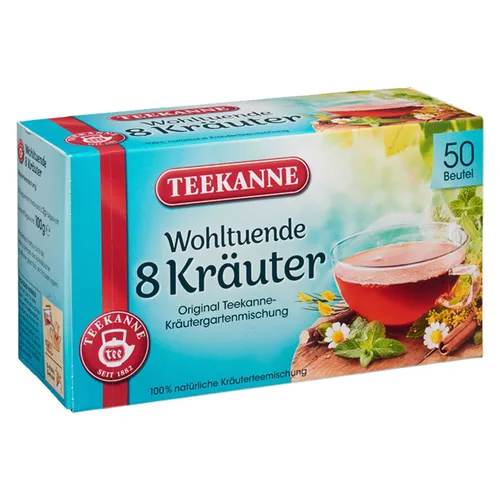 Teekanne 8 Kräuter Kräutergartenmischung Teegetränk - Kräutertee mit 50 Beuteln, ideal für Entspannung und Wohlbefinden. Genießen Sie die natürliche Vielfalt aus 8 Kräutern für einen aromatischen Geschmack.