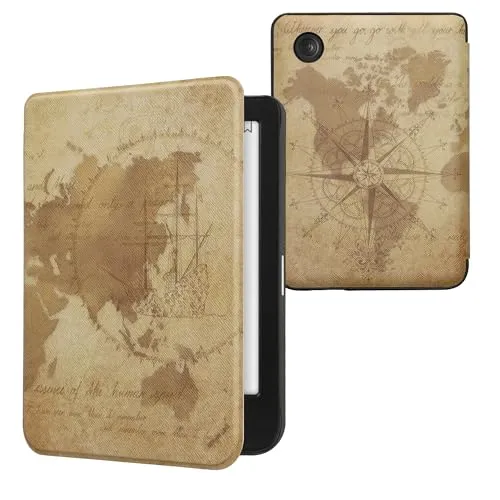 kwmobile Klapphülle kompatibel mit Kobo Clara BW/Clara Colour/Tolino Shine (5) / Shine Color Hülle - eReader Case - Travel Vintage Braun Hellbraun