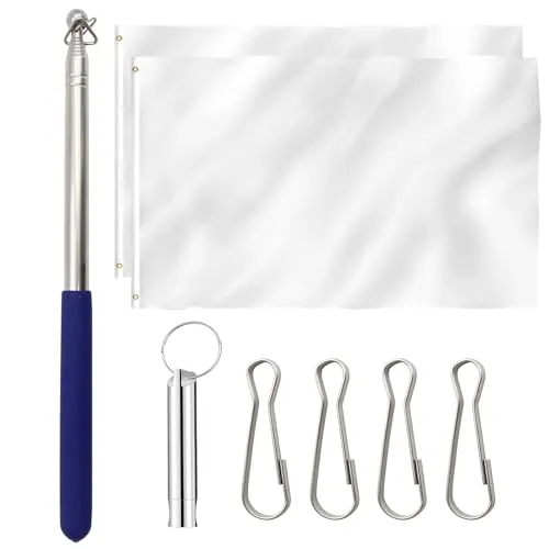 Produktbild Pcs 90x150 cm Großes Weiße Fahnen zum Selbst Gestalten, Weisse Fahne zum Bemalen, Blanko Fahnen mit Ösen für Geburtstag Partyfeiern, Polyester Flagge mit 1 Teleskop-Fahnenmast 1 Pfeife 4 Haken 2