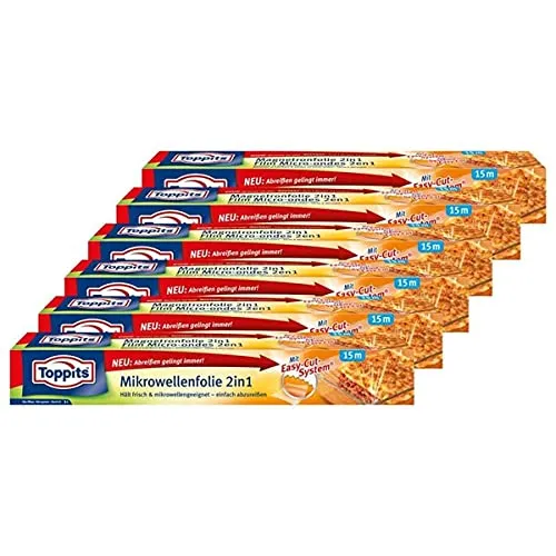 Toppits Mikrowellen- Frischhalte-Folie 2in1 Easy-Cut 15m x 32,5cm (6er Pack) - Backpapier und Frischhaltefolie in Einem, schützt vor Austrocknung und ist hitzebeständig bis 150°C. Ideal für müheloses Erhitzen und Frischhalten.