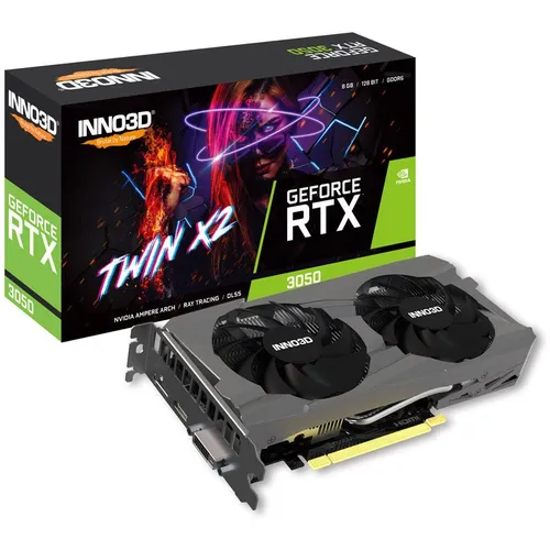 INNO3D GeForce RTX 3050 Twin X2 V2 - 8 GB GDDR6 - Grafikkarte mit NVIDIA GeForce RTX 3050, Dual-Fan-Kühlerdesign für optimale Kühlung und Leistung, ideal für Gaming und kreative Anwendungen.