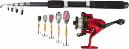 Angelset Teleskoprute 1,8m mit Spule und 5 Blinkern - Komplettes Angelset mit 1,8 m langer Teleskoprute, robuster Rolle und 100 m Angelschnur. Inklusive 5 Blinkern für verschiedene Angelmethoden – ideal für den professionellen Einsatz.