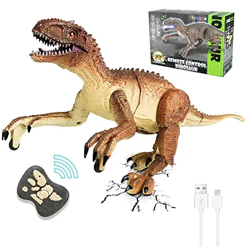 Kizmyee Dinosaurier Spielzeug, Dino Ferngesteuertes Velociraptor für Kinder, Realistische Gehbewegungen, Brüllt, Leuchtende Augen und Kopfschütteln, Weihnachten Geburtstag Geschenke für Kinder