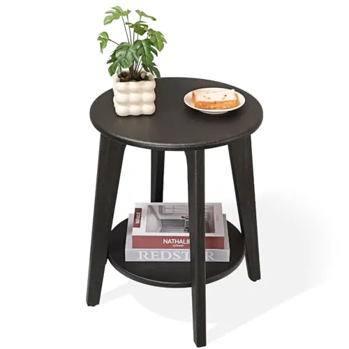 FEUFOAM Runder Beistelltisch aus Holz, mit unterer Ablage, rustikaler Vintage-Nachttisch, Nachttisch für Wohnzimmer, Schlafzimmer, kleine Räume