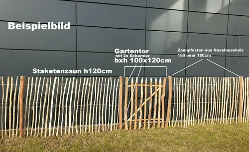 Staketenzaun 120cm x 5m aus Haselnussvollholz - Hochwertiger Gartenzau aus Naturholz, ideal zur Grundstückseingrenzung. Mit einem Lattenabstand von 7-8cm und bis zu 20 Jahren Haltbarkeit ist er sowohl funktional als auch dekorativ.