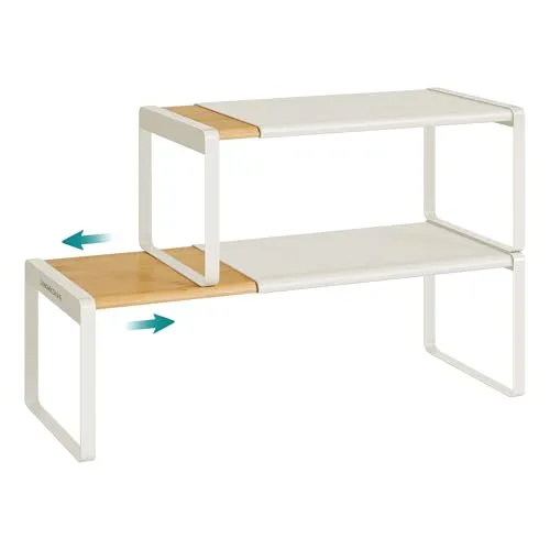 SONGMICS HOME Gewürzregal, 2er Set, ausziehbar, Küchen-Organizer, Küchenregal, Schrank-Organizer, Gewürzhalter, Küche, kleines Regal, stapelbar, Tisch-Organizer, naturbeige-cremeweiß KCS051N01