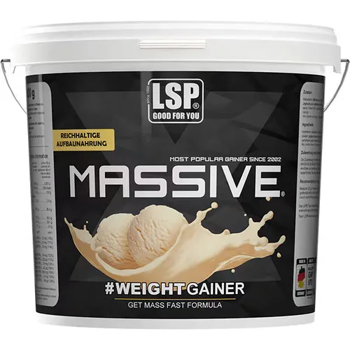LSP Massive X Weight Gainer 4000g - Vanilla Ice Cream - Protein Shake zur Muskelmasse-Zunahme, ideal für den schnellen Kalorienbedarf und köstlichen Geschmack von Vanilleeis.