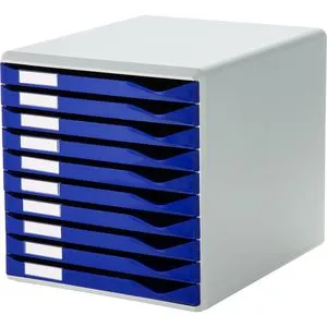 Leitz Schubladenbox 5281-00-35, 10 Fächer, blau/grau - Schubladenbox für A4 Unterlagen, 10 Fächer mit Auszugssperre und rutschfesten Gummifüßen, ideal zur Organisation von Kleinteilen.