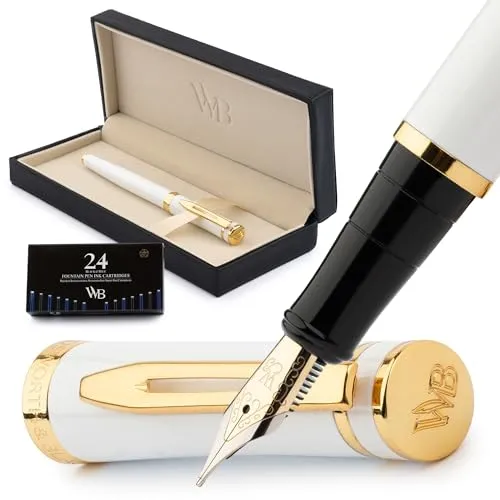 Wordsworth & Black Füllfederhalter-Set, 18K Vergoldete Feder Mittel, Enthält 24er Pack Tintenpatronen, Tinten-Konverter & Geschenkbox, Gold-Finish, Kalligraphie, [Weißgold], Perfekt für Alle