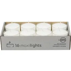 Maxi Teelichter im Acryl-Cup, Weiß - 16 Stück - Entdecken Sie die weißen Maxi Teelichter in transparenter Hülle, ideal für stimmungsvolle Tischdeko. Mit einer Brenndauer von bis zu 10 Stunden bieten sie warmen Kerzenschein für gemütliche Abende. Qualität von WENZEL.