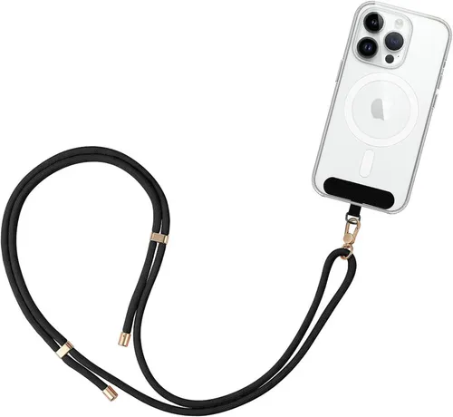 Grifema verstellbares Handyband Schwarz, Handyband zum Umhängen über Kreuz mit Lasche, Handy-Umhängeband kompatibel mit den meisten Smartphones 0,75 m