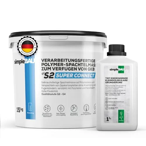 simpleBAU Spachtelmasse 15 kg & Tiefengrundierung 1L – Hochleistungs-Spachtel für Wände und Decken - Vielseitige Spachtelmasse für Gipskarton und mehr, ideal zum Ausbessern und Glätten. Die Tiefgrundierung verbessert die Haftung und schützt vor Feuchtigkeit – perfekt für Innen- und Außeneinsätze.
