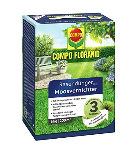 COMPO Rasendünger mit Moosvernichter, 3 Monate Langzeitwirkung, Feingranulat, 6 kg, 200 m²