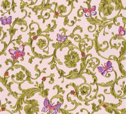 VERSACE WALLPAPER Vliestapete Butterfly Barocco - Luxuriöse Vinyltapete in grün metallic rosa, 10,05 m x 0,70 m, scheuerbeständig und kinderleicht zu verarbeiten. Hergestellt in Deutschland mit FSC-Mix zertifiziertem Material.