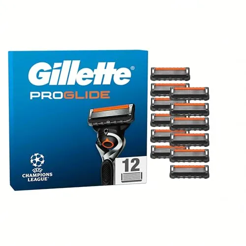 Gillette Proglide Klingen, 12 ORIGINAL Ersatzklingen, Rasierklingen für Herren — 2x Gleitstreifen Vor und Nach den Klingen und EverGlide Gleitstreifen für Unglaubliche Gründlichkeit und Komfort