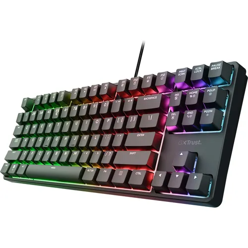 Trust GXT 864 Cada Kompakte TKL-Gaming-Tastatur - Schwarz - Kompakte TKL-Gaming-Tastatur für maximale Bewegungsfreiheit. Individuell anpassbare RGB-Beleuchtung und programmierbare Makros bieten ein einzigartiges Spielerlebnis. Hergestellt aus 85 % recyceltem Plastik, ideal für Gaming und Büro.