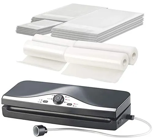 Rosenstein & Söhne Vakuumierer Doppelnaht: 2in1-Vakuumierer für Folien & Dosen, Doppel-Naht, mit 4 Folienrollen (Vakuumiergerät Doppelnaht, Vakuum-Folienschweissgeräte, Frischhaltedosen)