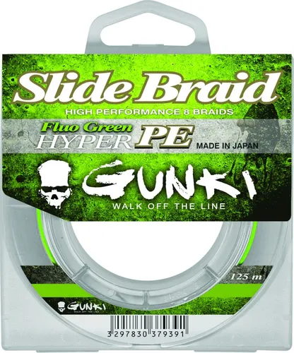 Gunki Slide Braid Fluo Green - 125m geflochtene Angelschnur mit hoher Tragkraft - Die Gunki Slide Braid Fluo Green ist eine 125m lange geflochtene Angelschnur, ideal für das Spinnangeln. Sie bietet eine hohe Tragkraft und eine spezielle Verarbeitung für leises Gleiten durch die Ringe.