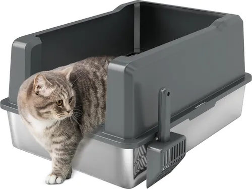 PawHut XXL Katzentoilette aus Edelstahl, 85 Liter Fassungsvermögen, halbgeschlossenes Katzenklo, mit Schaufel und Antirutschmatten, leicht zu reinigen, 71 x 50,8 x 35,5 cm, Grau