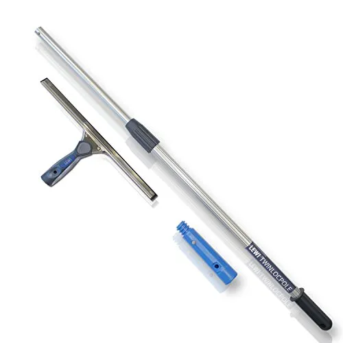 LEWI Kombi-Set Teleskopstange (2x60cm) + Fensterabzieher (35 cm) - Fensterwischer für normal große Fenster + Stange für höher gelegene Stellen, streifenfreies Ergebnis - inkl. Gratisprobe Glasreiniger