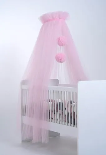 Babybetthimmel aus Tüll, Betthimmel für Babybett, Prinzessin Babywiege, Beistellbett Baby, Moskitonetz, Babyzimmer Deko, Baldachin Kinderzimmer 165cm lang, mit Pompons, Taupe (Candyrosa)