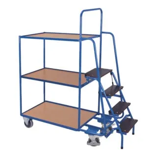 VARIOfit Kommissionierwagen sw-600.616 - Kommissionierwagen mit 3 Etagen (985 x 595 mm), 250 kg Tragkraft und integrierter Leiter für sicheren Zugriff. Ideal für Lager und Werkstätten!
