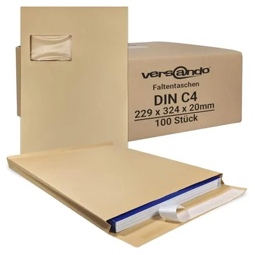 versando 100x C4 Faltentaschen 2cm Falte mit Fenster (229x324x20 mm) Versandtaschen Bodenfalte haftklebend braun