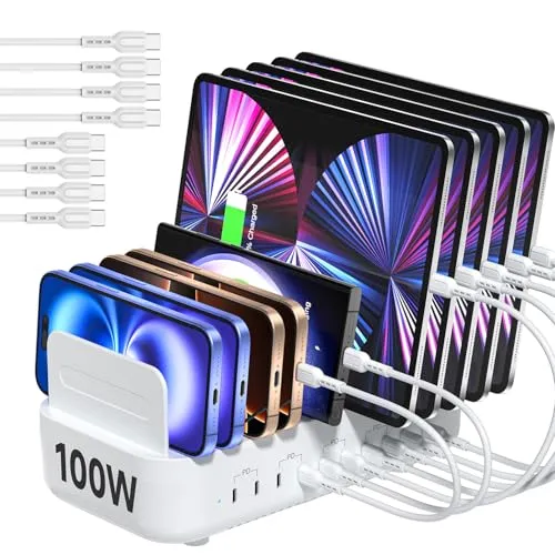 SooPii Ladestation Mehrere Geräte,100W PD Iadestation 10 Port,lPad Ladestation Mehrere Geräte Enthält 8 Typ-C-Kabel,Multi Schnellladestation USB C Mehr Gerat für Mobiltelefon,Tablet,Kindle-Weiß