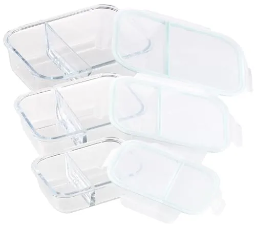 Rosenstein & Söhne Glasschüssel mit Deckel: 3er-Set Glas-Frischhaltedosen, Klick-Deckel, 2 Kammern, -40 bis 450 °C (Glasschale mit, Glasschüsseln mit, Aufbewahrungsschalen)