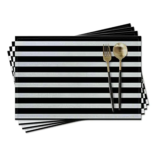 Stoff-Tischsets, 45,7 x 30,5 cm, 100 % Baumwolle, Leinen, dekorativ, waschbar, Tischset für Esszimmer, Küche und Camping, schwarz-weiß gestreift, 4 Stück