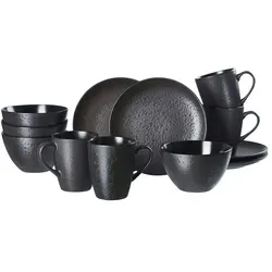Ritzenhoff & Breker Frühstücks-Geschirrset Kitwe, 12-tlg - 12-teiliges Steinzeug-Service für 4 Personen in elegantem Schwarz mit Kupferstich, mikrowellengeeignet und spülmaschinenfest – ideal für stilvolle Frühstücke.