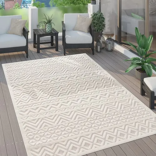 Paco Home Outdoor Teppich wetterfest & langlebig Moderne Boho-Designs mit 3D-Effekt Skandi-Look UV-beständig & robust für Balkon, Garten, Wohnzimmer & Küche, Grösse:200 cm Rund, Farbe:Creme