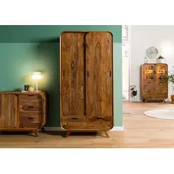 MASSIVMOEBEL24.DE Mailand Kleiderschrank aus Massivholz - Hellbraun - Kleiderschrank aus massivem Sheeshamholz mit edlem Retro-Design, bietet viel Stauraum durch 7 Fächer und 2 Schubladen, jedes Stück ein Unikat.