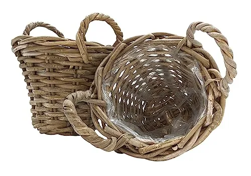 Spetebo Weide Pflanzkorb 2er Set Shabby Grau - 20 cm/mini - Holz Blumenkorb mit Henkel - Rattan Blumentopf foliert Natur Garten Deko klassisch