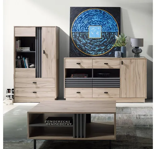 Lomadox Wohnzimmer-Set ANTIGUA-133 – Mega-Spar-Set mit Vitrine, Sideboard und Couchtisch - Stilvolles Wohnzimmer-Set in Eiche mit anthrazitfarbenen Details. Bietet viel Stauraum und überzeugt durch modernes Design. Ideal für Selbstmontage.