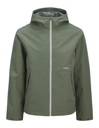 Jack & Jones Adam Light Jacke Grün M - Funktionsjacke aus weichem, wasserabweisendem Material, ideal für Outdoor-Aktivitäten. Leicht und warm mit Kapuze, Reißverschluss und praktischen Vordertaschen.
