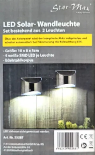 2er Set Solar Wandleuchte Edelstahl jeweils 4 weiße SMD LED 10x8x5cm 35287