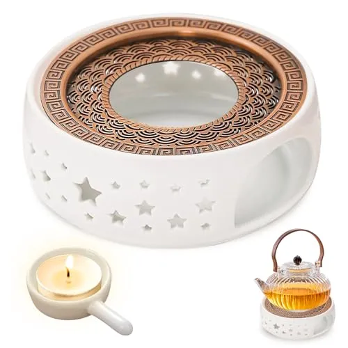 Stövchen Für Teekanne Keramik, Teewärmer Porzellan Mit Teelichthalter Und Herdmatte, Hohl Geschnitztes Design Teekannenwärmer Teestövchen Geeignet Zum Erhitzen Von Tee Und Kaffee (Stern)