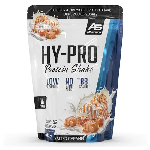ALL STARS Hy-Pro Whey Protein Pulver ohne Zucker 400g Salted Caramel - Cremiger Shake mit 30g Eiweiß pro Portion, 4 hochwertige Proteinkomponenten
