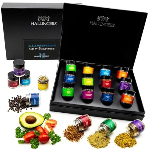 Hallingers 12 hochwertige Gewürze luxus Geschenkset, intensives Aroma in Schraubgläsern, handverlesene Vielfalt - Made in Germany