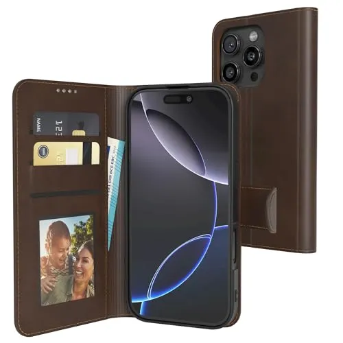 EAZY CASE - Klapphülle für iPhone 16 Pro Hülle klappbar mit Kameraschutz Schutzhülle mit Magnet Flip Case Ständer Kunstleder Klapptasche mit Kartenfach Sichtfenster für Foto Premium Handyhülle Braun