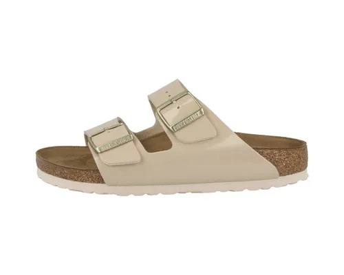 Birkenstock Arizona Birko-Flor Lack Damen Sandale beige 42 EU - Wanderschuhe mit vorgeformtem Fußbett, ideal für Komfort und Unterstützung. Diese schmalen Sandalen in Beige sind perfekt für entspannte Sommertage.