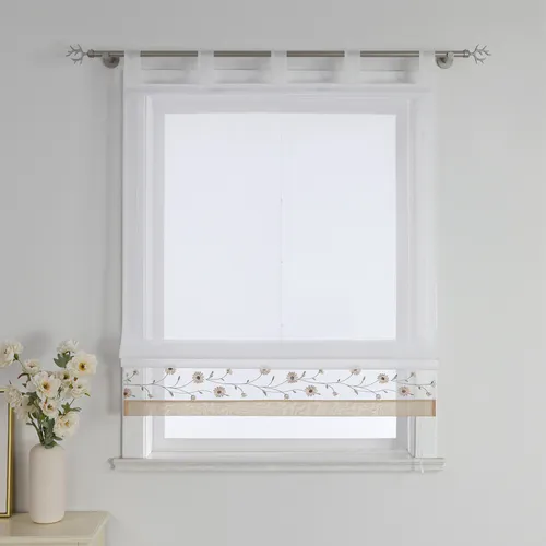 Joyswahl Raffrollo mit Schlaufen – Beige, 45x150cm, Landhausstil - Hochwertiges Raffrollo aus 100% Polyester mit romantischem Blumenstickerei-Design. Ideal für kleine Fenster, sorgt für eine luftige Atmosphäre und lässt sanftes Licht in den Raum. Einfache Montage ohne Bohren.