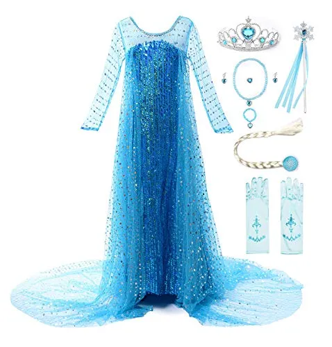 JerrisApparel Mädchen Prinzessin Pailletten ELSA Kostüm Kleid mit Zubehör - Funkelndes Prinzessinnenkostüm mit Pailletten und bodenlangem Umhang. Ideal für Anlässe wie Halloween, Geburtstage oder Rollenspiele. Mit unsichtbarem Reißverschluss und hautfreundlichem Baumwollfutter.