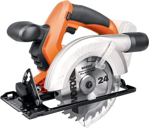 WORX WX529.9 Akku-Kreissäge - Akku-Kreissäge mit 150 mm Sägeblatt, ideal für Gehrungsschnitte bis 50°. Staubfreies Sägen dank Absaug-Adapter und einfache Handhabung durch Soft-Griff.
