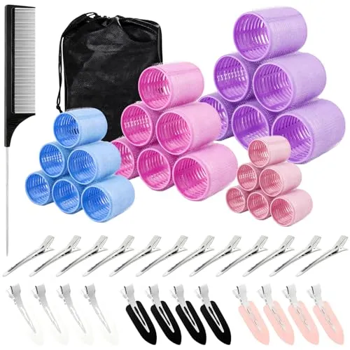 Euablfo 50 Stück Lockenwickler Selbsthaftend Set, 24 Stück Lockenwickler mit Klammern, 4 Größen (60/48/36/25mm) Haarwickler, Selbsthaftend Hair Rollers für Lange, Mittlere & Kurze Haare
